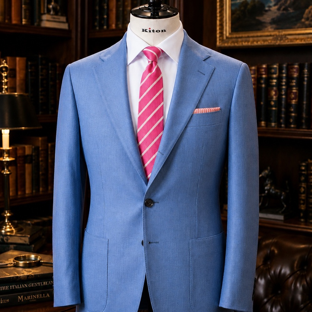 Kiton Lt Blue Sport Coat in Cashmere with Pink Sartorio Tie